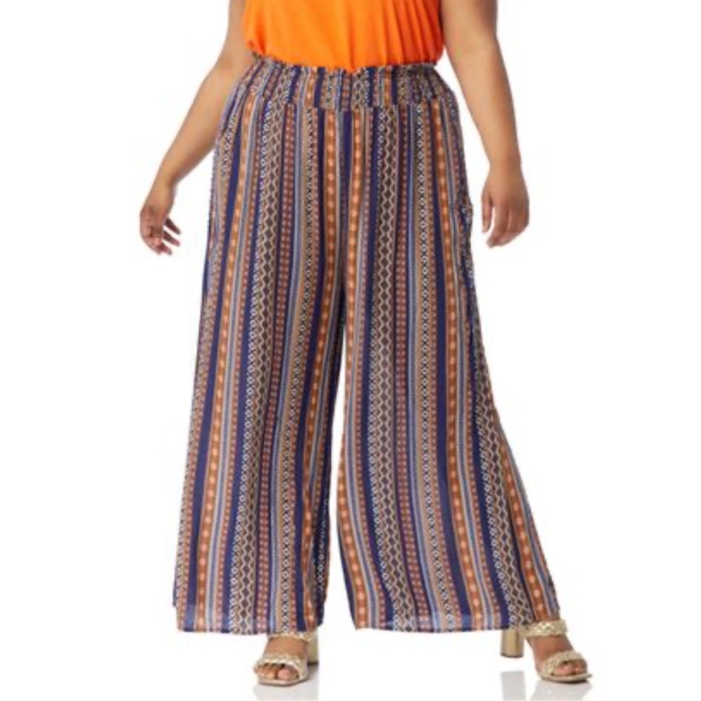 Kori Batik Printed Smock Waist Wide Leg Coastal Pant Navy Orange Pockets NWT-2X